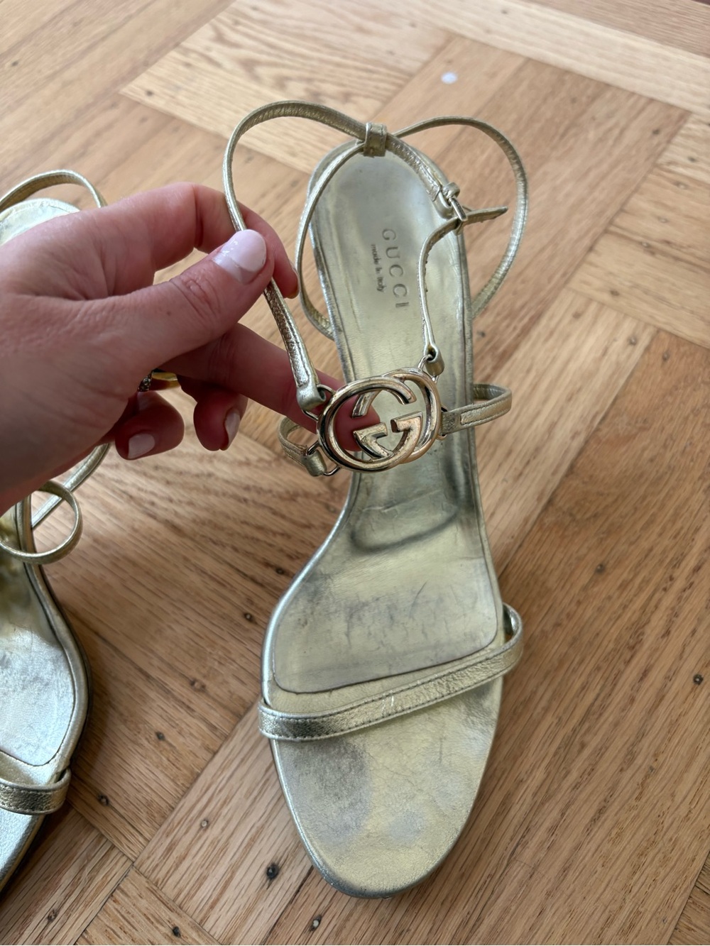 Gucci Metallic Gold Strappy Heel with Interlocking G